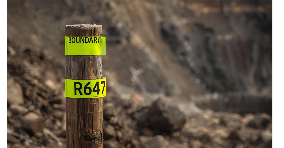 Close-up of a wooden boundary marker post in a rocky, disturbed earth landscape, typical of a mine site. The post is wrapped with bright yellow tape labeled 'BOUNDARY' and 'R647', indicating a new regulatory requirement.