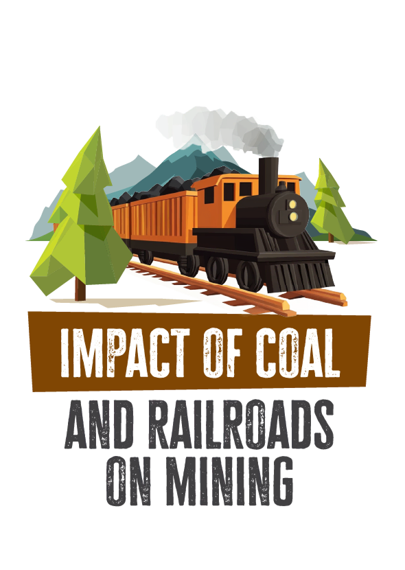 Illustration of a steam locomotive hauling coal on tracks with mountain and tree background